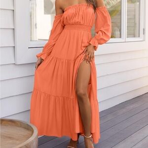 Boho Sexy Off Shoulder Long Sleeve Smocked Flowy Tiered Long Maxi Dress